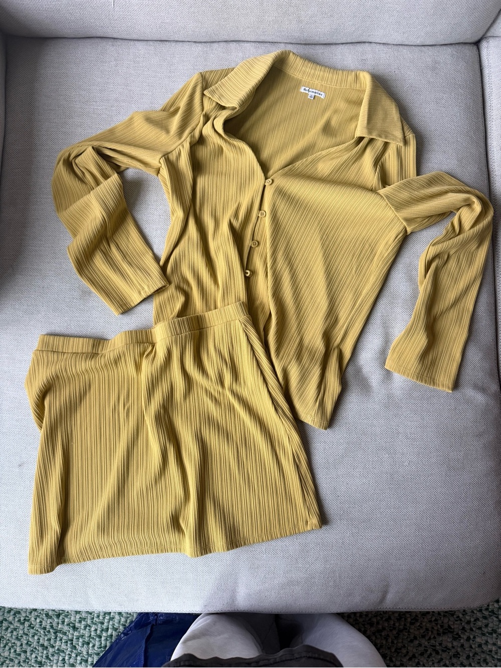 Reformation Mustard Yellow Ribbed Skirt Set